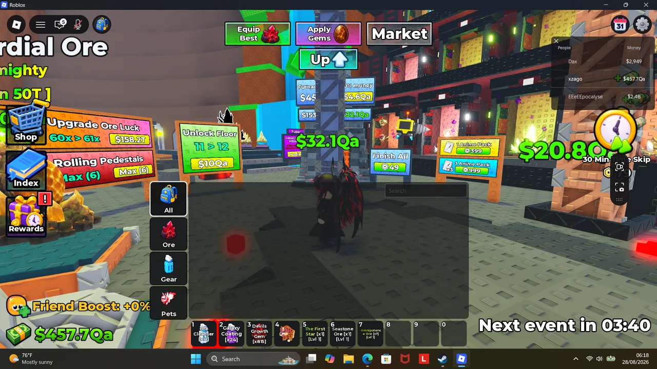 The Sell Ores base dashboard with cash, ore stations and timers visible.