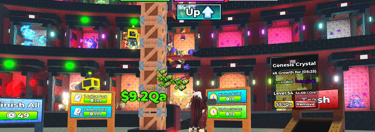 A wide Sell Ores base wall filled with ore stations and upgrade displays.