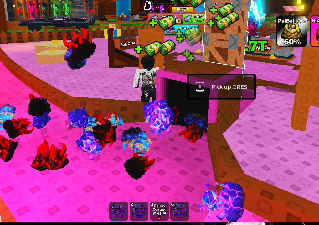 Bright crystal ores arranged around a Sell Ores base.