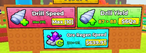 Three Sell Ores drill upgrade controls for speed, yield and regeneration.