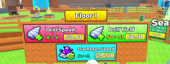 Floor 1 signage with Sell Ores drill upgrades in the foreground.