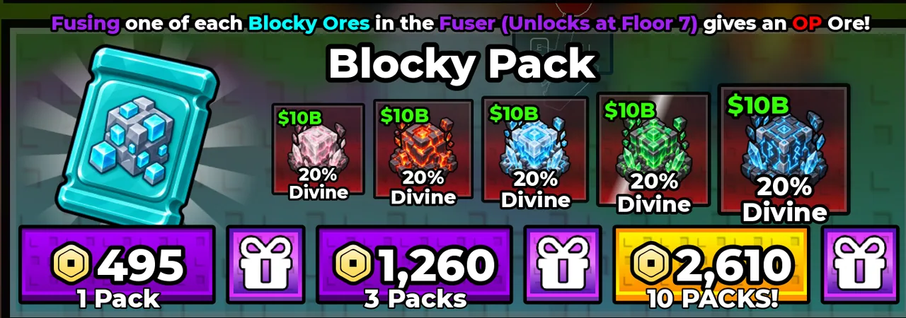 A Sell Ores shop panel for Blocky Packs used with the Fuser system.