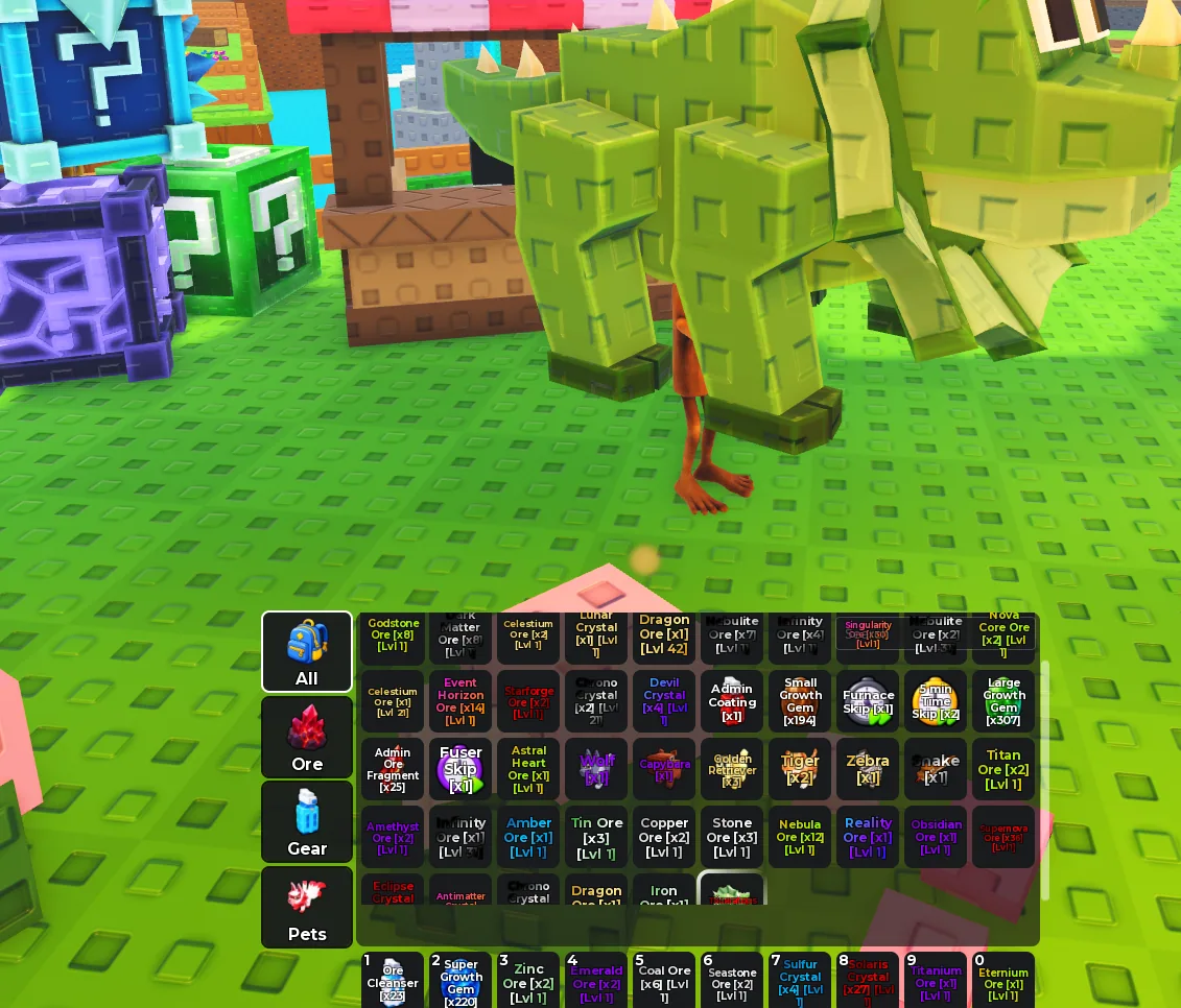A Sell Ores growth room with green ore figures and inventory visible.