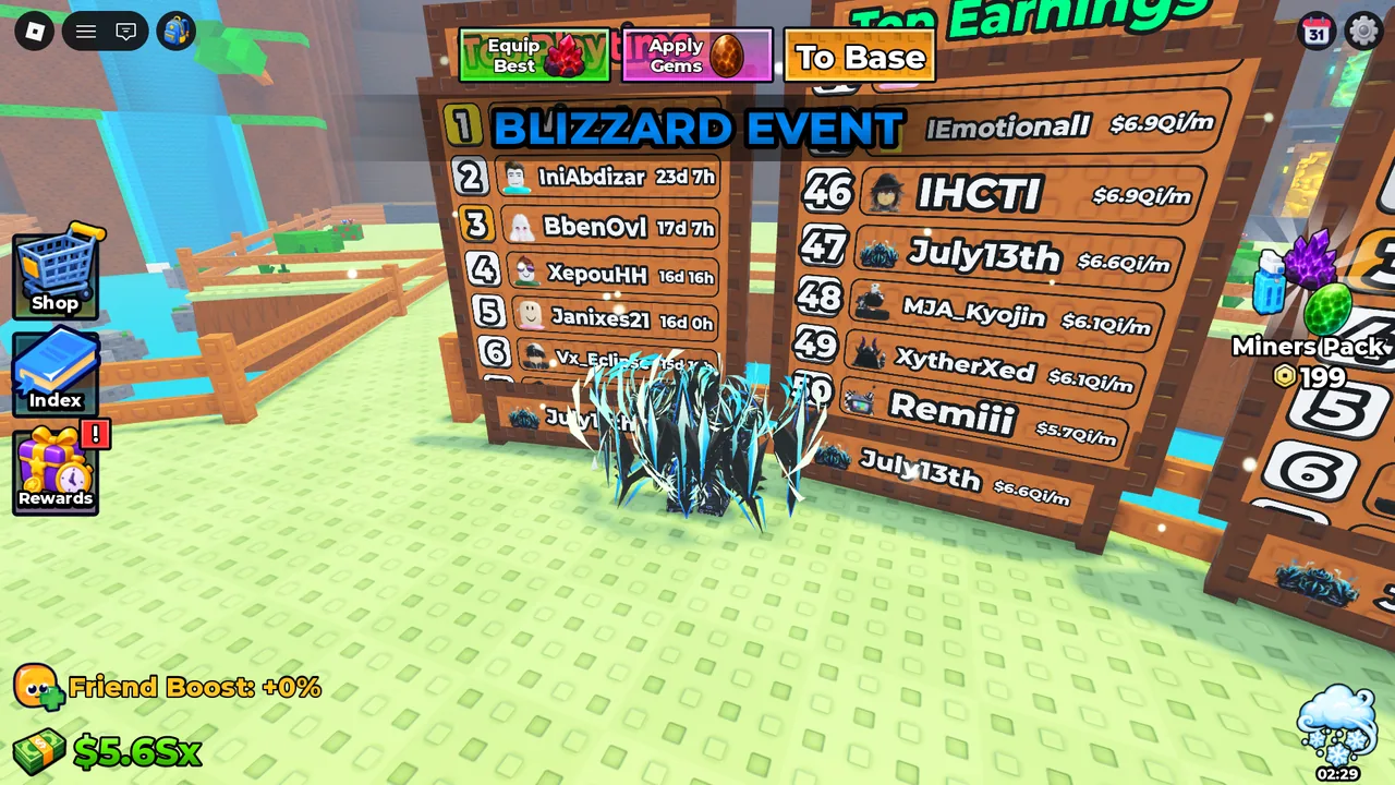A Sell Ores event leaderboard beside the snowy game world.