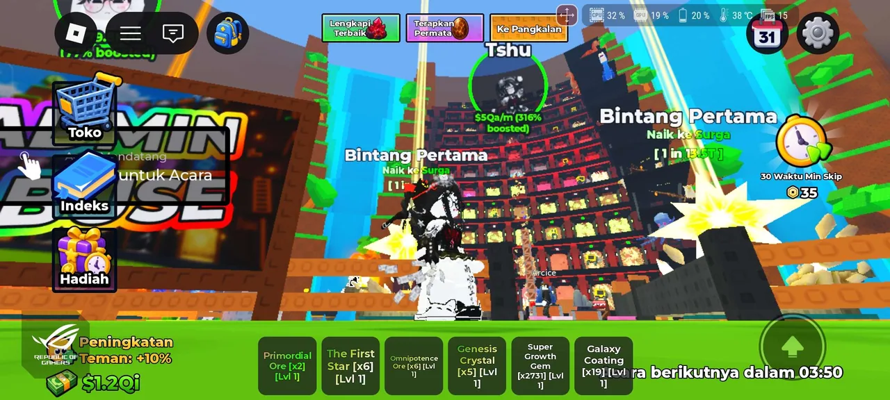 A wide mobile view of the Sell Ores market and upgrade stations.