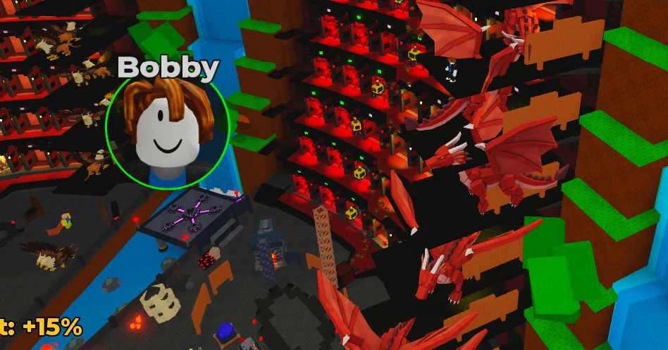 A player standing inside a dense field of red Sell Ores blocks.