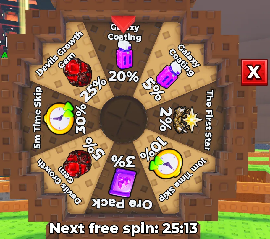 The Sell Ores ore spin interface with rarity segments around the player.