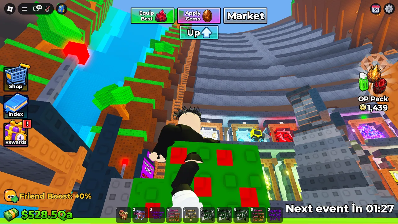A player looking up a tall stack of ores inside Sell Ores.