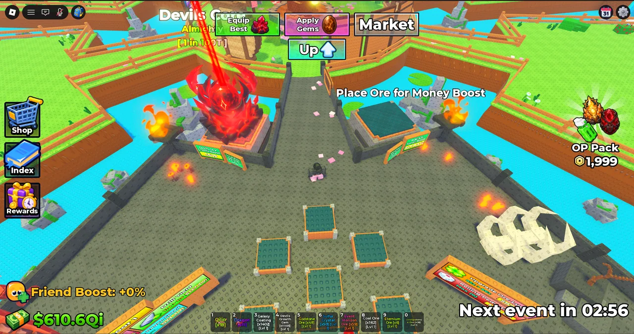 A player placing an ore near a Sell Ores money boost pedestal.
