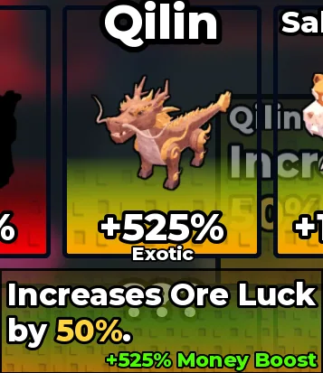 The Qilin pet card and ore luck boost in Sell Ores.