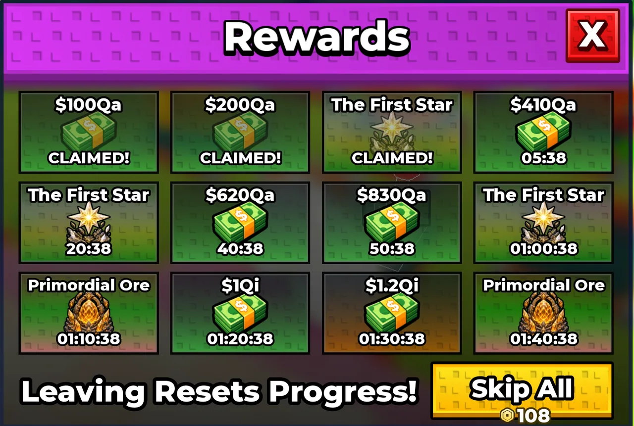 A Sell Ores rewards board showing timed reward slots.