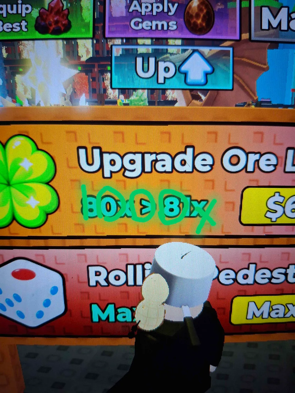 The cost and current level of a Sell Ores upgrade on mobile.